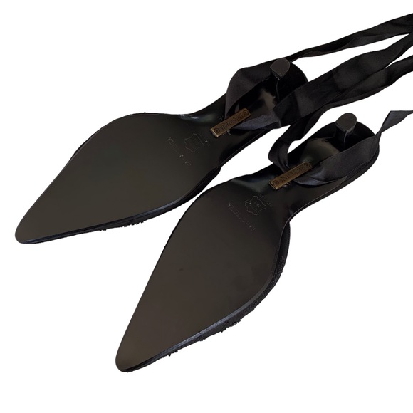 RAMON TENZA BLACK SATIN POINTY TOE KITTEN HEEL SHOE WITH ANKLE RIBBON - Picture 10 of 15